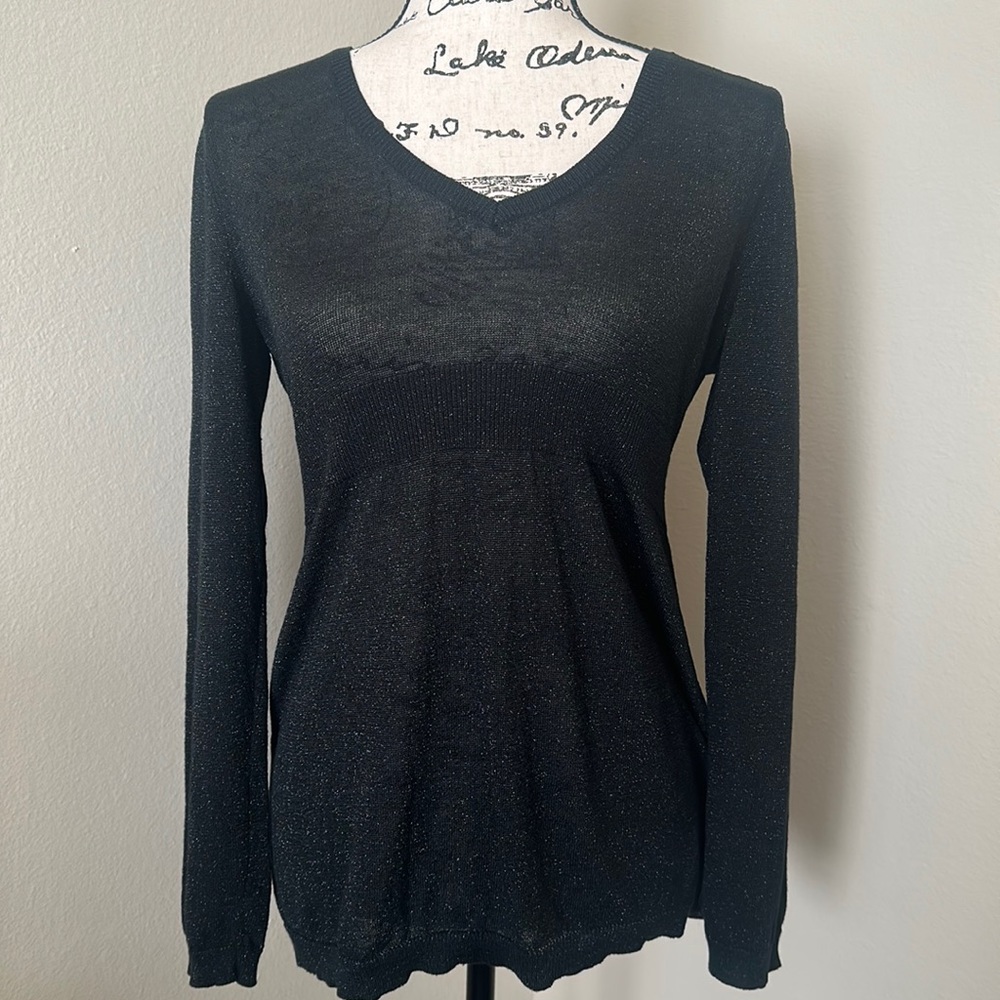 New York & Company Black Metallic Shimmer V-Neck Long Sleeve Sweater M